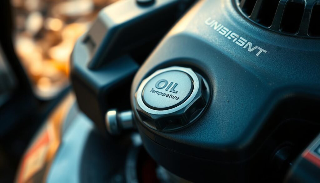 A close-up view of a lawn mower engine, the focus resting on the oil fill cap and dipstick. The lighting is soft and natural, creating an ambient, informative atmosphere. The surroundings are slightly blurred, drawing the viewer's attention to the technical details of the engine components. Subtle reflections on the metal surfaces add depth and realism. The overall composition suggests the importance of proper oil temperature monitoring and maintenance for optimal lawn mower performance and longevity. A close-up view of a lawn mower engine, the focus resting on the oil fill cap and dipstick. The lighting is soft and natural, creating an ambient, informative atmosphere. The surroundings are slightly blurred, drawing the viewer's attention to the technical details of the engine components. Subtle reflections on the metal surfaces add depth and realism. The overall composition suggests the importance of proper oil temperature monitoring and maintenance for optimal lawn mower performance and longevity.