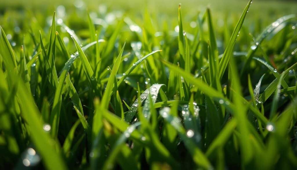 A close-up view of wet grass, with individual blades glistening with water droplets. The scene is illuminated by soft, diffused natural light, creating a serene and contemplative atmosphere. The grass appears lush and verdant, with a variety of shades and textures visible. The camera is positioned at a low angle, capturing the intricate details of the grass and the moisture that clings to it. The background is blurred, placing the focus entirely on the evaluation of the wet grass conditions, allowing the viewer to immerse themselves in the scene and assess the suitability for mowing. A close-up view of wet grass, with individual blades glistening with water droplets. The scene is illuminated by soft, diffused natural light, creating a serene and contemplative atmosphere. The grass appears lush and verdant, with a variety of shades and textures visible. The camera is positioned at a low angle, capturing the intricate details of the grass and the moisture that clings to it. The background is blurred, placing the focus entirely on the evaluation of the wet grass conditions, allowing the viewer to immerse themselves in the scene and assess the suitability for mowing.