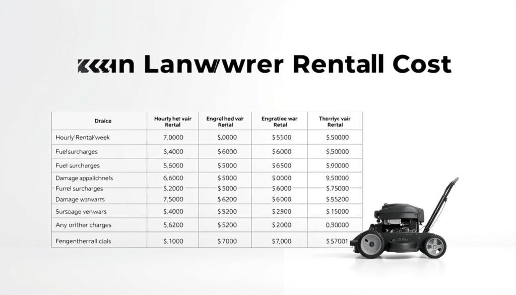 A detailed breakdown of lawn mower rental pricing presented on a clean, minimalist tabular display. The foreground features a neatly formatted price table with column headers outlining key cost components - base rental rate, hourly/daily/weekly fees, fuel surcharges, damage waivers, and any other applicable charges. The table is rendered with clear, legible typography against a neutral background, allowing the pricing information to be the focal point. The middle ground showcases a slightly angled, well-lit lawn mower model to provide context, while the background maintains a subtle, softly blurred gradient to keep the attention on the pricing details. The overall mood is professional, informative, and easy to comprehend, suitable for inclusion in an article on understanding lawn mower rental costs. A detailed breakdown of lawn mower rental pricing presented on a clean, minimalist tabular display. The foreground features a neatly formatted price table with column headers outlining key cost components - base rental rate, hourly/daily/weekly fees, fuel surcharges, damage waivers, and any other applicable charges. The table is rendered with clear, legible typography against a neutral background, allowing the pricing information to be the focal point. The middle ground showcases a slightly angled, well-lit lawn mower model to provide context, while the background maintains a subtle, softly blurred gradient to keep the attention on the pricing details. The overall mood is professional, informative, and easy to comprehend, suitable for inclusion in an article on understanding lawn mower rental costs.