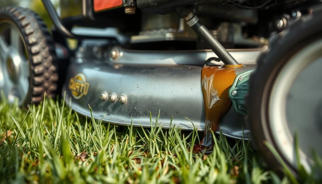 A detailed close-up of a lawn mower engine, showcasing an oil leak. The engine is positioned in the foreground, with the leaking oil dripping onto the grass below. The lighting is soft and natural, highlighting the shiny metal surfaces and the viscous texture of the oil. The background is blurred, creating a sense of focus on the technical issue at hand. The overall mood is one of troubleshooting and problem-solving, with the image providing a clear visual representation of the common causes behind a lawn mower oil leak. A detailed close-up of a lawn mower engine, showcasing an oil leak. The engine is positioned in the foreground, with the leaking oil dripping onto the grass below. The lighting is soft and natural, highlighting the shiny metal surfaces and the viscous texture of the oil. The background is blurred, creating a sense of focus on the technical issue at hand. The overall mood is one of troubleshooting and problem-solving, with the image providing a clear visual representation of the common causes behind a lawn mower oil leak.