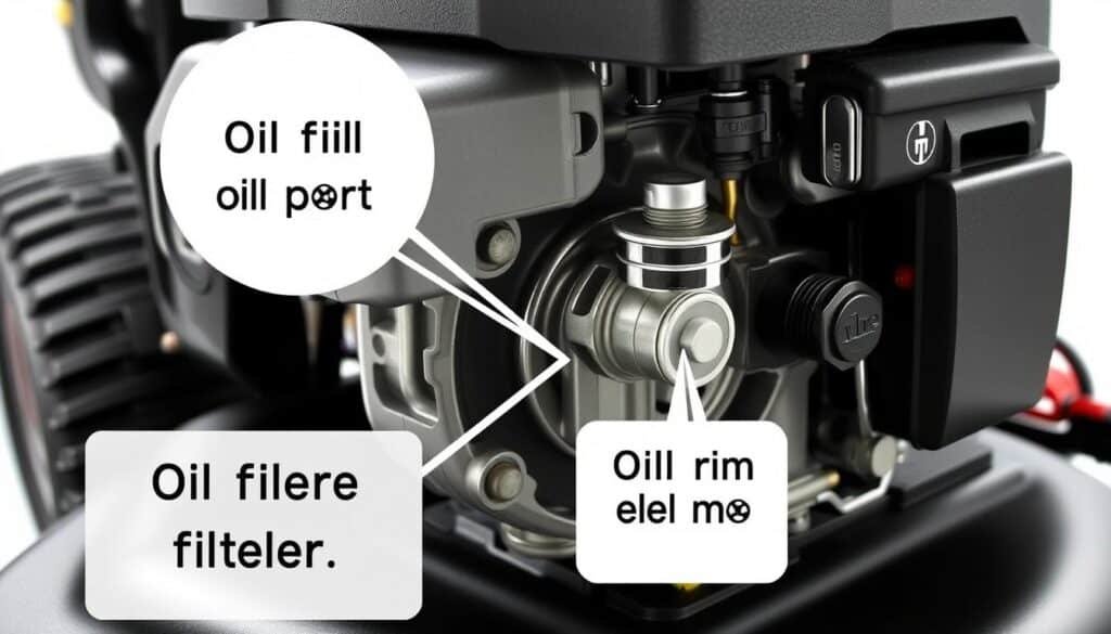 A detailed, close-up view of a Toro lawn mower engine, showcasing its internal oil requirements. The engine is depicted in a well-lit, technical diagram-like style, with a transparent casing revealing the intricate components and oil passages. The foreground focuses on the oil fill port, oil filter, and oil drain plug, highlighting their placement and dimensions. The middle ground provides an overview of the engine block, crankcase, and other relevant parts. The background subtly suggests the engine's context within the larger Toro mower assembly. The image conveys a sense of precision, functionality, and the importance of properly maintaining the engine's oil system for optimal performance.
