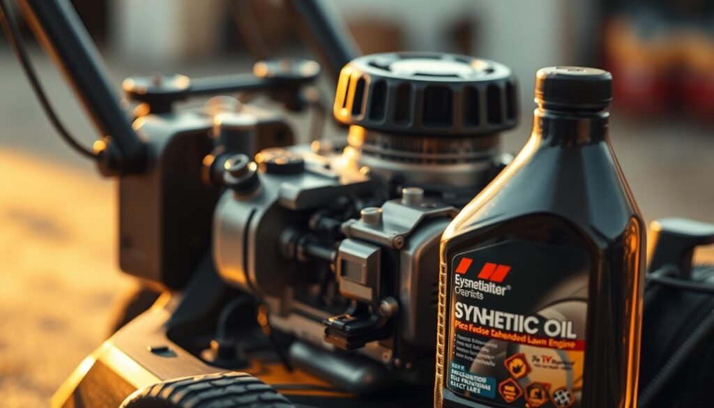 A detailed close-up view of a small lawn mower engine, bathed in warm, soft lighting that accentuates the intricate mechanical components. The engine block is disassembled, revealing its inner workings, with a bottle of synthetic oil prominently displayed in the foreground. The background is blurred, creating a sense of focus and attention on the engine. The scene conveys the benefits of using synthetic oil, such as enhanced lubrication, improved efficiency, and extended engine life, through the meticulous rendering of the engine's parts and the presence of the synthetic oil bottle.