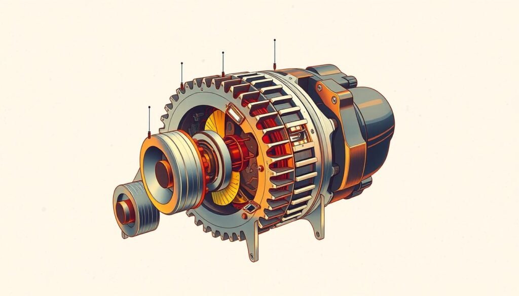 A detailed schematic diagram of a lawn mower alternator, showcasing its internal components and function. The illustration should depict the alternator in a cutaway or exploded view, revealing the rotor, stator, brushes, and other crucial elements. The image should be rendered with a technical, engineering-style aesthetic, emphasizing precision and clarity. Highlight the alternator's role in powering the lawn mower's electrical systems, such as the ignition, lights, and any accessories. Set the scene against a neutral, slightly textured background to allow the alternator's details to stand out. Utilize a combination of warm and cool lighting to create depth and dimensionality, conveying the alternator's mechanical complexity and importance within the lawn mower's overall operation. A detailed schematic diagram of a lawn mower alternator, showcasing its internal components and function. The illustration should depict the alternator in a cutaway or exploded view, revealing the rotor, stator, brushes, and other crucial elements. The image should be rendered with a technical, engineering-style aesthetic, emphasizing precision and clarity. Highlight the alternator's role in powering the lawn mower's electrical systems, such as the ignition, lights, and any accessories. Set the scene against a neutral, slightly textured background to allow the alternator's details to stand out. Utilize a combination of warm and cool lighting to create depth and dimensionality, conveying the alternator's mechanical complexity and importance within the lawn mower's overall operation.