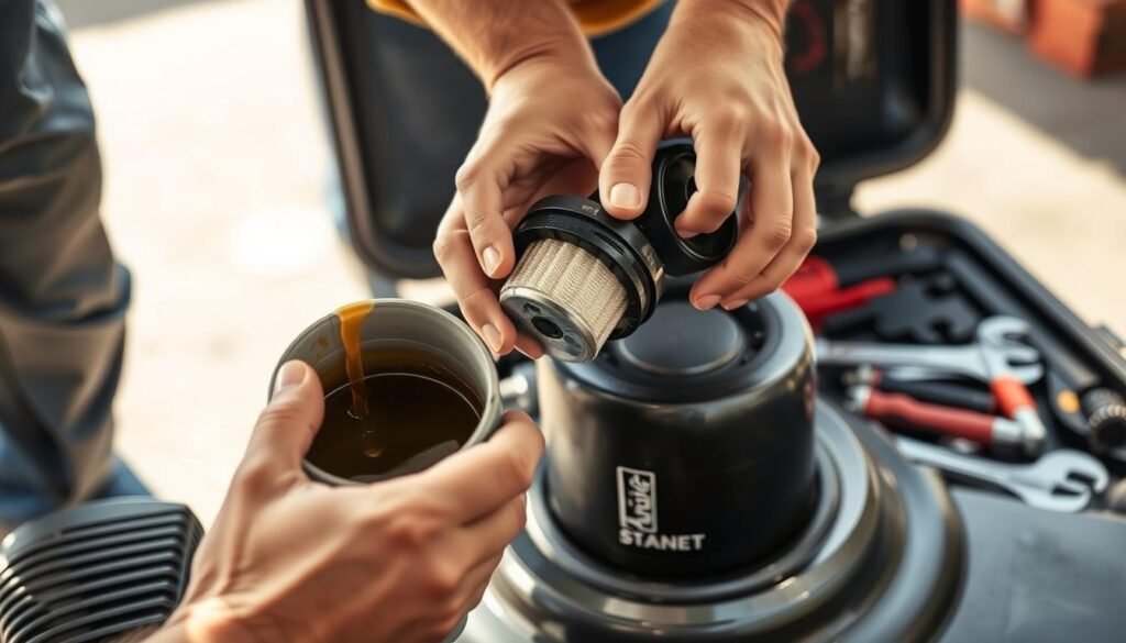 A detailed, step-by-step image of the lawn mower oil change process. In the foreground, a person's hands carefully draining the used oil from the mower's oil tank into a container. In the middle ground, the person is unscrewing the oil filter, with the new filter ready to be installed. In the background, an open toolbox with various wrenches and tools needed for the task. The lighting is bright and natural, capturing the intricate details of the process. The overall mood is one of focused, methodical maintenance, reflecting the care and attention required to properly service a lawn mower. A detailed, step-by-step image of the lawn mower oil change process. In the foreground, a person's hands carefully draining the used oil from the mower's oil tank into a container. In the middle ground, the person is unscrewing the oil filter, with the new filter ready to be installed. In the background, an open toolbox with various wrenches and tools needed for the task. The lighting is bright and natural, capturing the intricate details of the process. The overall mood is one of focused, methodical maintenance, reflecting the care and attention required to properly service a lawn mower.