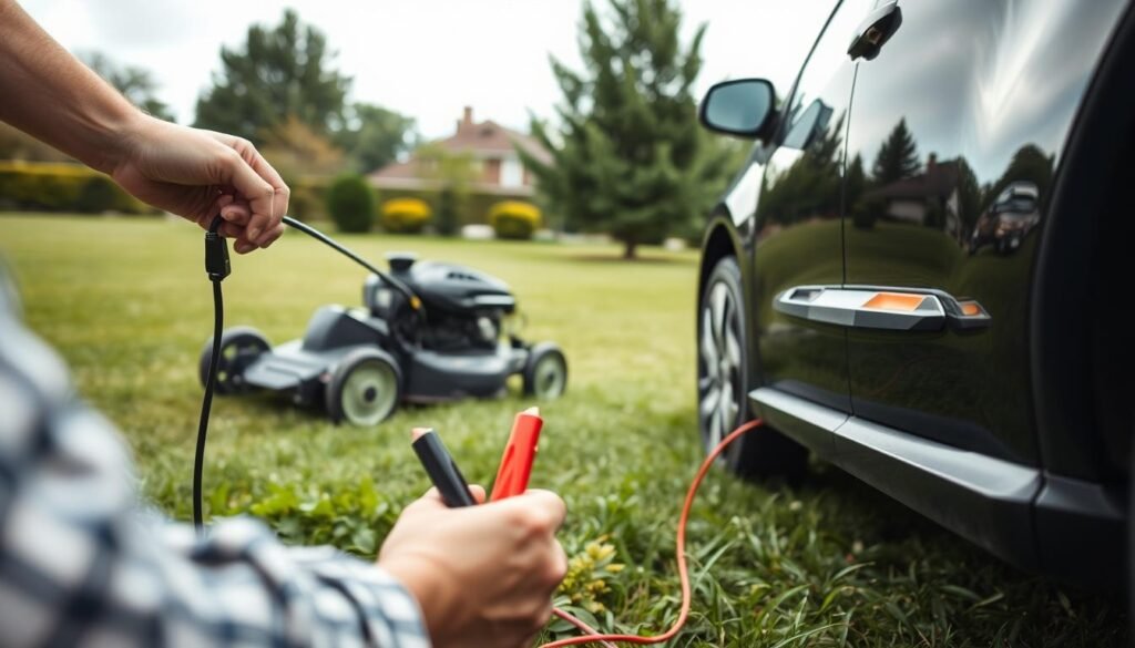 A detailed step-by-step process of jump-starting a lawn mower. In the foreground, a person's hands connecting jumper cables between a lawn mower and a car battery. The middle ground shows the lawn mower and car positioned for the jump-start, with the lawn mower in an angled profile view. The background depicts a well-lit outdoor scene with a neatly trimmed lawn, trees, and a bright, overcast sky. The lighting is natural, creating soft shadows and highlights that accentuate the technical details of the jump-starting process. The camera angle is slightly elevated, providing a clear, unobstructed view of the entire setup. The mood is one of instructional clarity and practical problem-solving.