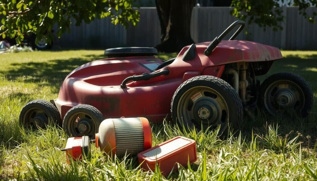 A faded red lawn mower with worn tires sits in a grassy backyard. Sunlight filters through the leaves of a nearby tree, casting dappled shadows across the mower's weathered exterior. On the ground beside the mower, a fuel canister and a dirty air filter lie discarded, hinting at the engine's recent struggles. The scene conveys a sense of frustration and the need for maintenance, setting the stage for the "Common Fuel and Air Issues" section of the article. A faded red lawn mower with worn tires sits in a grassy backyard. Sunlight filters through the leaves of a nearby tree, casting dappled shadows across the mower's weathered exterior. On the ground beside the mower, a fuel canister and a dirty air filter lie discarded, hinting at the engine's recent struggles. The scene conveys a sense of frustration and the need for maintenance, setting the stage for the "Common Fuel and Air Issues" section of the article.