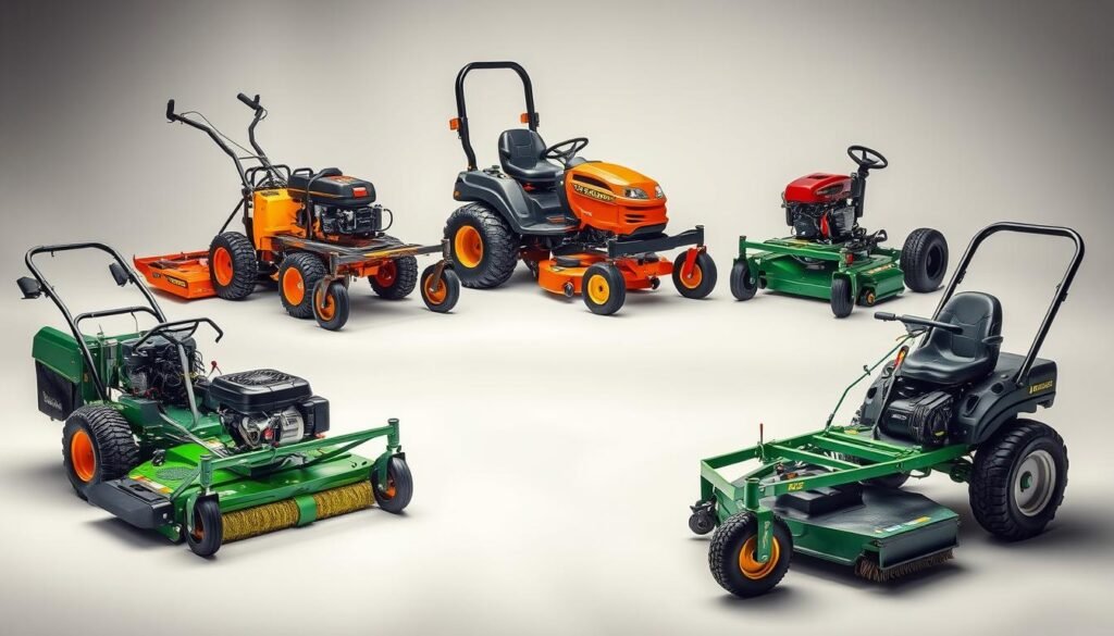 A high-quality, detailed image of the top brush mower models, showcasing their key features and capabilities. Capture the models in a well-lit, studio-like setting, shot from multiple angles to highlight their design, power, and cutting mechanisms. Include a variety of models, such as gas-powered, self-propelled, and tow-behind options, all rendered with a sharp focus and realistic textures. The image should convey the professional, rugged, and efficient nature of these brush mowers, suitable for use in an article about renting such equipment. A high-quality, detailed image of the top brush mower models, showcasing their key features and capabilities. Capture the models in a well-lit, studio-like setting, shot from multiple angles to highlight their design, power, and cutting mechanisms. Include a variety of models, such as gas-powered, self-propelled, and tow-behind options, all rendered with a sharp focus and realistic textures. The image should convey the professional, rugged, and efficient nature of these brush mowers, suitable for use in an article about renting such equipment.