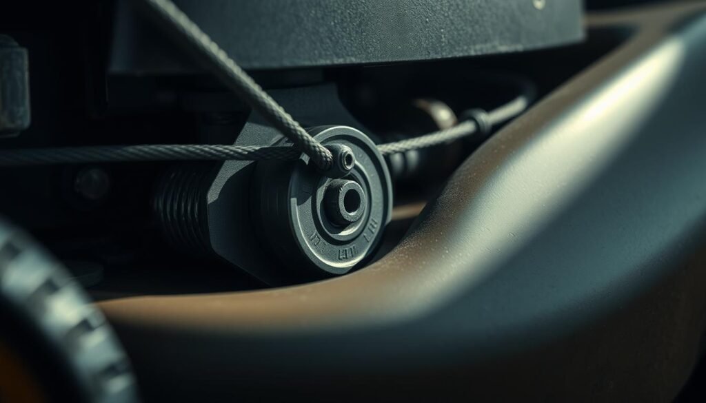 A high-resolution close-up view of a lawn mower recoil mechanism, meticulously detailed. Prominently showcased are the pull cord, spring, and pulley system, illuminated by soft, directional lighting that casts subtle shadows, revealing the intricate mechanical interplay. The muted, industrial color palette and clean, uncluttered composition lend a sense of technical focus, inviting the viewer to examine the mechanism's inner workings with clarity and understanding. A high-resolution close-up view of a lawn mower recoil mechanism, meticulously detailed. Prominently showcased are the pull cord, spring, and pulley system, illuminated by soft, directional lighting that casts subtle shadows, revealing the intricate mechanical interplay. The muted, industrial color palette and clean, uncluttered composition lend a sense of technical focus, inviting the viewer to examine the mechanism's inner workings with clarity and understanding.