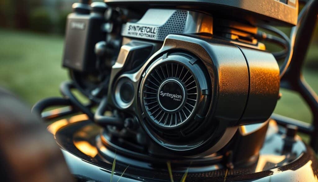 A highly detailed, photorealistic image of a synthetic oil lawn mower engine, shot from a low-angle perspective with a shallow depth of field. The engine is the focal point, rendered with intricate mechanical details and a shiny, pristine appearance. Soft, warm lighting illuminates the scene, creating a sense of quality and protection. The background is blurred, hinting at a lush, manicured lawn environment. The overall mood conveys a sense of reliable, high-performance engine protection for lawn mowers.
