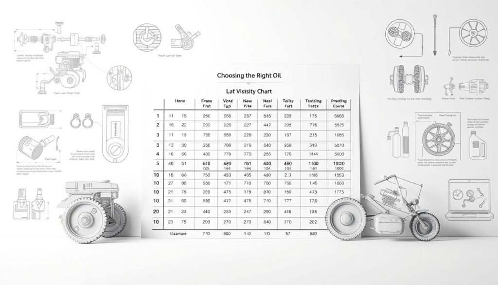 A highly detailed, precision-engineered lawn mower oil viscosity chart rendered in a technical, scientific style. The chart is the central focus, occupying the midground, with a clean white background. Surrounding it are subtle, greyscale technical illustrations and diagrams related to lawn mower engine components and oil properties. Soft, neutral lighting casts an authoritative, informative atmosphere. The overall composition conveys a sense of technical expertise and utility, perfectly suited to illustrate the "Choosing the Right Oil" section of the article. A highly detailed, precision-engineered lawn mower oil viscosity chart rendered in a technical, scientific style. The chart is the central focus, occupying the midground, with a clean white background. Surrounding it are subtle, greyscale technical illustrations and diagrams related to lawn mower engine components and oil properties. Soft, neutral lighting casts an authoritative, informative atmosphere. The overall composition conveys a sense of technical expertise and utility, perfectly suited to illustrate the "Choosing the Right Oil" section of the article.