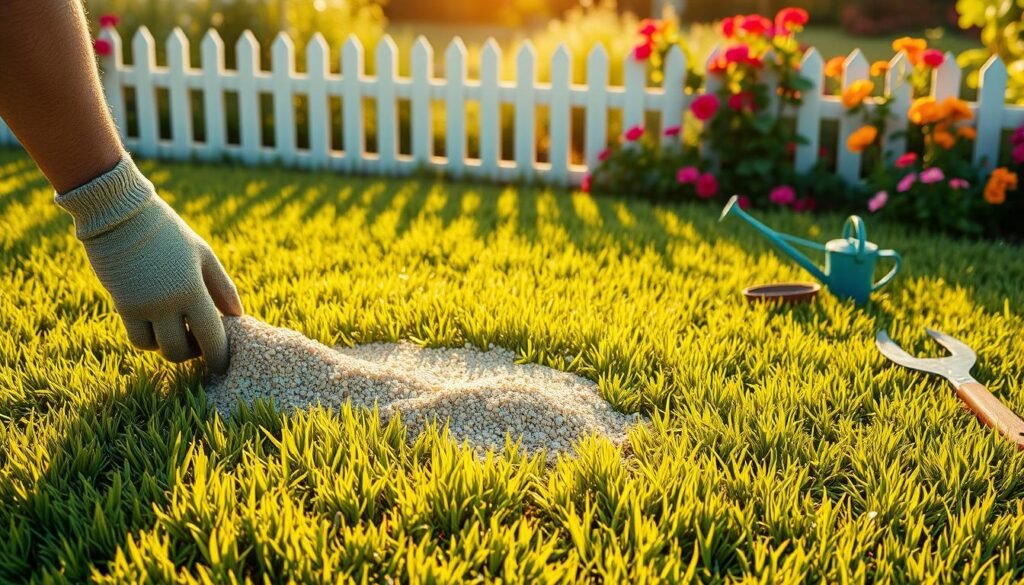 A lush, freshly mowed lawn bathed in warm, golden afternoon sunlight. In the foreground, a gardener's gloved hands carefully apply a layer of nourishing grass seed over the freshly cut blades. The middle ground features a scattered array of small gardening tools - a trowel, a watering can, and a pair of pruning shears. In the background, a picket fence and a row of vibrant, blooming flowers frame the scene, conveying a sense of care and attention to detail. The overall atmosphere is one of tranquility and the promise of a thriving, healthy new lawn. A lush, freshly mowed lawn bathed in warm, golden afternoon sunlight. In the foreground, a gardener's gloved hands carefully apply a layer of nourishing grass seed over the freshly cut blades. The middle ground features a scattered array of small gardening tools - a trowel, a watering can, and a pair of pruning shears. In the background, a picket fence and a row of vibrant, blooming flowers frame the scene, conveying a sense of care and attention to detail. The overall atmosphere is one of tranquility and the promise of a thriving, healthy new lawn.