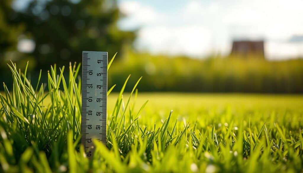 A lush, freshly mowed lawn, the blades of grass gently swaying in the soft breeze. In the foreground, a ruler propped against the ground, its metallic surface catching the warm, natural light that filters through the wispy clouds above. The depth of field is shallow, allowing the viewer to focus on the precise measurement of the grass height, while the background blurs into a verdant, out-of-focus landscape. The overall mood is one of calm, attention to detail, and the satisfaction of a well-maintained lawn, conveying the importance of proper timing and techniques when mowing new grass. A lush, freshly mowed lawn, the blades of grass gently swaying in the soft breeze. In the foreground, a ruler propped against the ground, its metallic surface catching the warm, natural light that filters through the wispy clouds above. The depth of field is shallow, allowing the viewer to focus on the precise measurement of the grass height, while the background blurs into a verdant, out-of-focus landscape. The overall mood is one of calm, attention to detail, and the satisfaction of a well-maintained lawn, conveying the importance of proper timing and techniques when mowing new grass.
