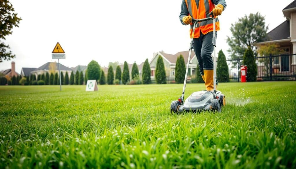 A lush, green lawn glistens with water droplets under the soft, diffused lighting of an overcast day. In the foreground, a person dressed in protective gear, including rubber boots, gloves, and a safety vest, carefully maneuvers a modern electric lawn mower, navigating the wet terrain with caution. The middle ground features various safety equipment, such as a warning sign, a first-aid kit, and a fire extinguisher, strategically placed nearby. The background showcases a tranquil suburban setting, with well-manicured trees and a picturesque fence, creating a sense of order and responsibility. The overall atmosphere conveys a balanced approach to tackling the challenges of mowing a wet lawn while prioritizing safety. A lush, green lawn glistens with water droplets under the soft, diffused lighting of an overcast day. In the foreground, a person dressed in protective gear, including rubber boots, gloves, and a safety vest, carefully maneuvers a modern electric lawn mower, navigating the wet terrain with caution. The middle ground features various safety equipment, such as a warning sign, a first-aid kit, and a fire extinguisher, strategically placed nearby. The background showcases a tranquil suburban setting, with well-manicured trees and a picturesque fence, creating a sense of order and responsibility. The overall atmosphere conveys a balanced approach to tackling the challenges of mowing a wet lawn while prioritizing safety.