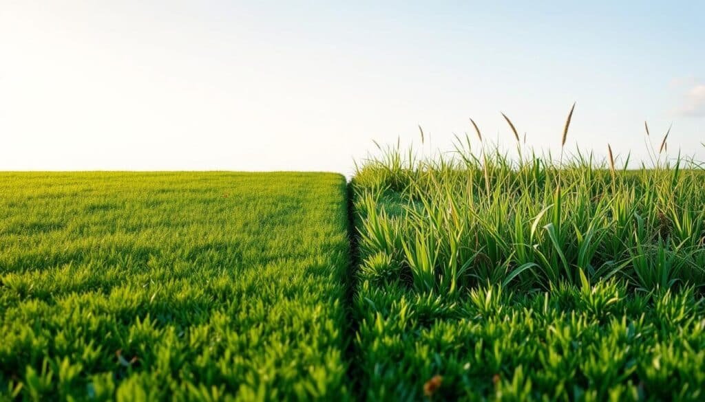 A lush green lawn stretches across the foreground, with a crisp, cloudless sky in the background. In the middle ground, two distinct scenes unfold: on the left, a well-manicured lawn with freshly cut grass, neatly trimmed edges, and a vibrant, healthy appearance; on the right, an overgrown lawn with long, unruly grass, weeds, and a neglected, unkempt look. Soft, warm lighting illuminates the scene, casting subtle shadows and highlighting the textures of the grass. The image is captured from a slightly elevated angle, providing a comprehensive view of the contrasting lawn care approaches. The overall composition conveys a sense of order, cleanliness, and attention to detail on the left, while the right side evokes a feeling of neglect and a need for improvement. The visual cues guide the viewer to understand the "do's and don'ts" of lawn care, setting the stage for the article's discussion on mowing, weeding, and feeding.