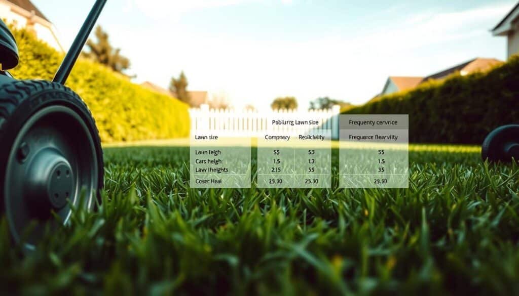 A lush, manicured lawn with various pricing factors displayed prominently. In the foreground, a close-up of a lawn mower's wheels, conveying the central task of mowing. In the middle ground, a visual breakdown of key pricing elements, such as lawn size, grass height, complexity, and frequency of service. The background features a scenic suburban setting, with well-trimmed hedges, a picket fence, and a clear blue sky, creating a sense of tranquility and professionalism. The lighting is soft and diffused, highlighting the details and creating a warm, inviting atmosphere. The camera angle is slightly elevated, giving a comprehensive view of the scene and emphasizing the importance of the pricing information. A lush, manicured lawn with various pricing factors displayed prominently. In the foreground, a close-up of a lawn mower's wheels, conveying the central task of mowing. In the middle ground, a visual breakdown of key pricing elements, such as lawn size, grass height, complexity, and frequency of service. The background features a scenic suburban setting, with well-trimmed hedges, a picket fence, and a clear blue sky, creating a sense of tranquility and professionalism. The lighting is soft and diffused, highlighting the details and creating a warm, inviting atmosphere. The camera angle is slightly elevated, giving a comprehensive view of the scene and emphasizing the importance of the pricing information.