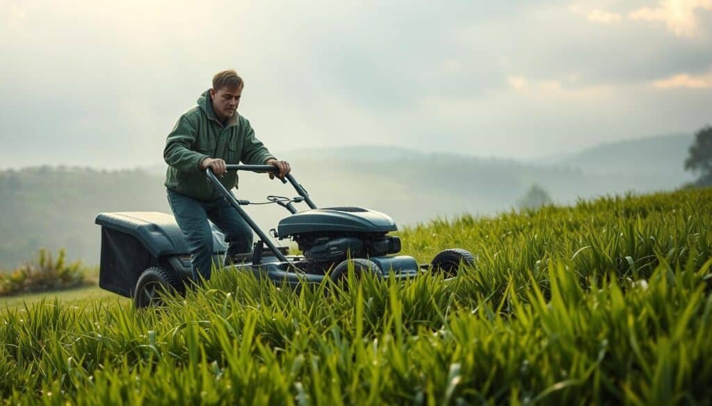 A lush, rain-drenched lawn with a determined gardener carefully maneuvering a sturdy lawnmower. The mower's blades slice through the verdant, moisture-laden grass, leaving behind a neat, even swath. Rays of soft, diffused sunlight filter through the cloudy skies, illuminating the scene with a gentle, contemplative atmosphere. The gardener's expression is one of focused concentration, navigating the challenges of mowing in wet conditions while avoiding damage to the lawn. The surrounding landscape is shrouded in a misty, atmospheric haze, emphasizing the tranquility of the moment. Technical details like the mower's sleek design and the gardener's protective gear add a sense of practicality to the composition. A lush, rain-drenched lawn with a determined gardener carefully maneuvering a sturdy lawnmower. The mower's blades slice through the verdant, moisture-laden grass, leaving behind a neat, even swath. Rays of soft, diffused sunlight filter through the cloudy skies, illuminating the scene with a gentle, contemplative atmosphere. The gardener's expression is one of focused concentration, navigating the challenges of mowing in wet conditions while avoiding damage to the lawn. The surrounding landscape is shrouded in a misty, atmospheric haze, emphasizing the tranquility of the moment. Technical details like the mower's sleek design and the gardener's protective gear add a sense of practicality to the composition.
