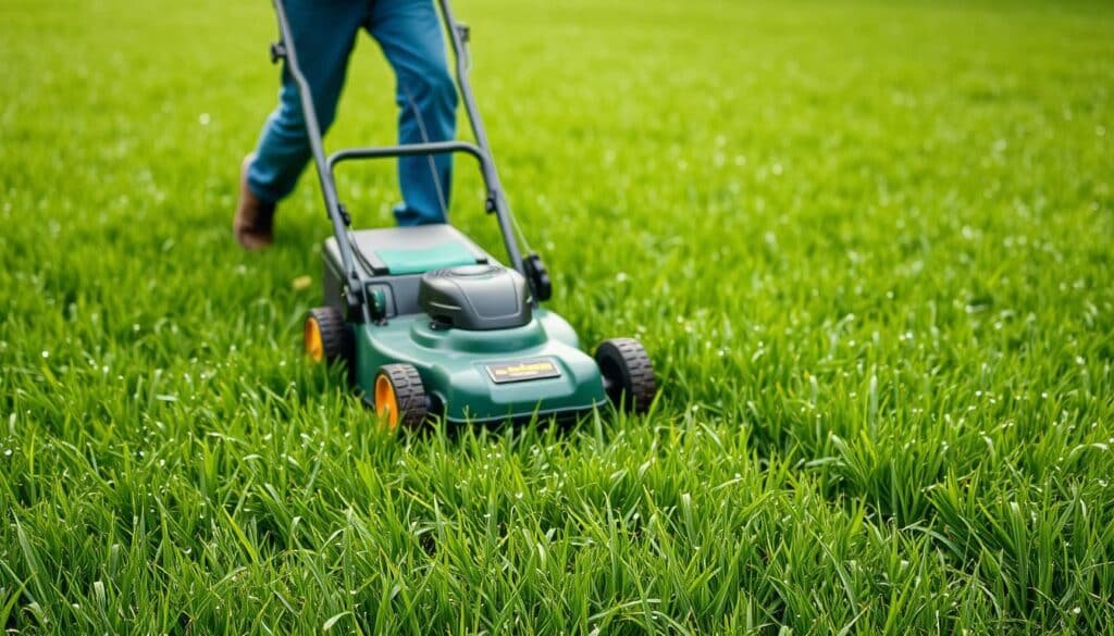 A lush, verdant lawn gently glistens with morning dew, its blades slightly bowed under the weight of moisture. In the foreground, a seasoned gardener carefully maneuvers a well-maintained lawn mower, its blades slicing through the damp grass with precision. The middle ground showcases the meticulous technique, with the mower's wheels leaving a neatly striped pattern in its wake. In the background, a soft, overcast sky provides diffused lighting, creating an even, shadowless illumination that enhances the vibrant hues of the lawn. The overall atmosphere conveys a sense of diligence and attention to detail, as the gardener navigates the challenges of mowing wet grass with expertise.