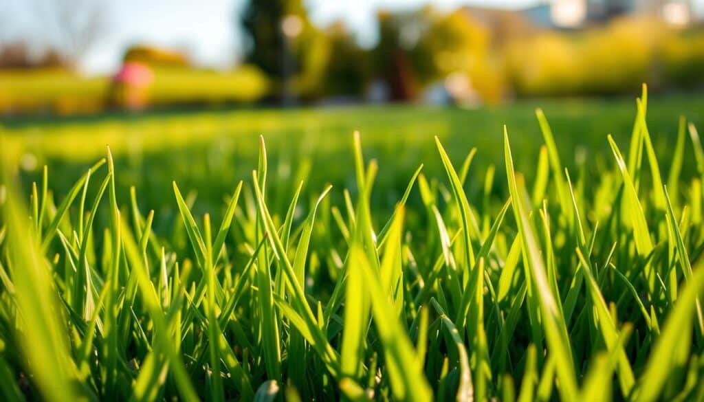 A lush, verdant lawn in the midst of its seasonal growth, captured in the golden hour of a spring afternoon. The foreground showcases the vibrant green blades, their tips just beginning to unfurl, while the middle ground reveals a gradual transition from shorter to taller grass, hinting at the passage of time. The background features a softly blurred landscape, with hints of flowering plants and a clear blue sky above, creating a sense of depth and natural harmony. The lighting is warm and gentle, casting a soft glow over the entire scene and accentuating the textures and details of the grass. The overall composition evokes a serene and tranquil atmosphere, inviting the viewer to appreciate the rhythmic progression of lawn growth and the optimal timing for mowing. A lush, verdant lawn in the midst of its seasonal growth, captured in the golden hour of a spring afternoon. The foreground showcases the vibrant green blades, their tips just beginning to unfurl, while the middle ground reveals a gradual transition from shorter to taller grass, hinting at the passage of time. The background features a softly blurred landscape, with hints of flowering plants and a clear blue sky above, creating a sense of depth and natural harmony. The lighting is warm and gentle, casting a soft glow over the entire scene and accentuating the textures and details of the grass. The overall composition evokes a serene and tranquil atmosphere, inviting the viewer to appreciate the rhythmic progression of lawn growth and the optimal timing for mowing.