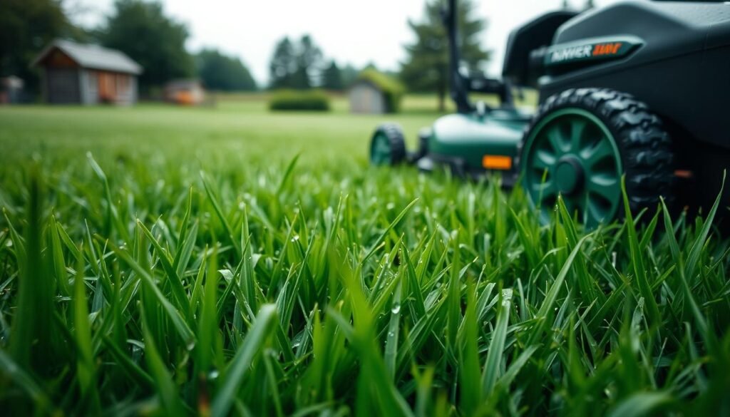 A lush, verdant lawn on a cloudy, overcast day. In the foreground, a close-up view of freshly mowed grass glistening with dew, the blades slightly flattened. In the middle ground, a lawn mower with its blades raised, showcasing the proper technique for mowing wet grass - slow, deliberate passes to avoid clumping and rutting. In the background, a gardening shed and a few trees, creating a serene, pastoral scene. The lighting is soft and diffused, adding to the tranquil atmosphere. The overall composition emphasizes the expert guidelines for safely and effectively mowing wet grass.