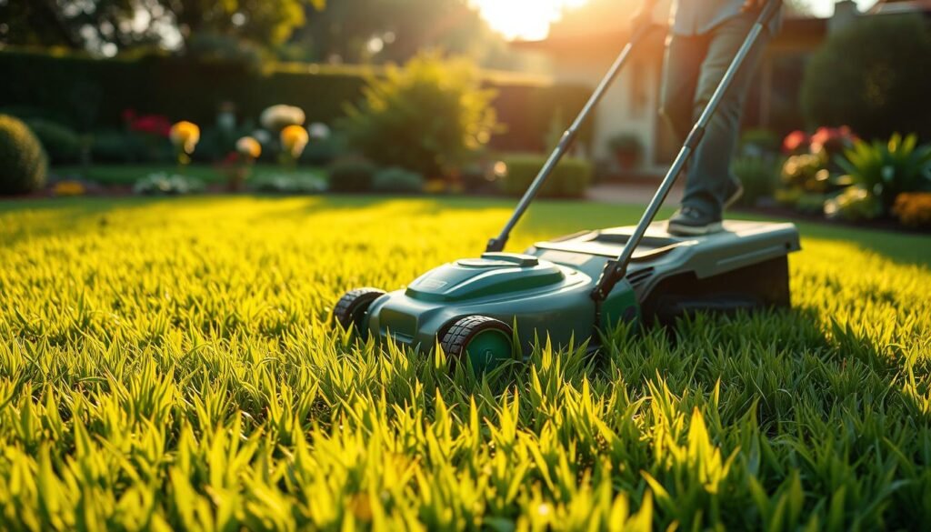 A lush, verdant lawn stretches out under a warm, golden-hued afternoon sun. In the foreground, a homeowner meticulously mows the grass, their lawn mower's blades effortlessly slicing through the vibrant green blades. The middle ground showcases the neatly trimmed lawn, with each blade standing tall and healthy. In the background, a picturesque garden frames the scene, adding depth and natural beauty. The lighting is soft and natural, creating a serene, inviting atmosphere. The overall composition conveys a sense of pride and care, highlighting the best practices for maintaining a healthy, lush lawn. A lush, verdant lawn stretches out under a warm, golden-hued afternoon sun. In the foreground, a homeowner meticulously mows the grass, their lawn mower's blades effortlessly slicing through the vibrant green blades. The middle ground showcases the neatly trimmed lawn, with each blade standing tall and healthy. In the background, a picturesque garden frames the scene, adding depth and natural beauty. The lighting is soft and natural, creating a serene, inviting atmosphere. The overall composition conveys a sense of pride and care, highlighting the best practices for maintaining a healthy, lush lawn.