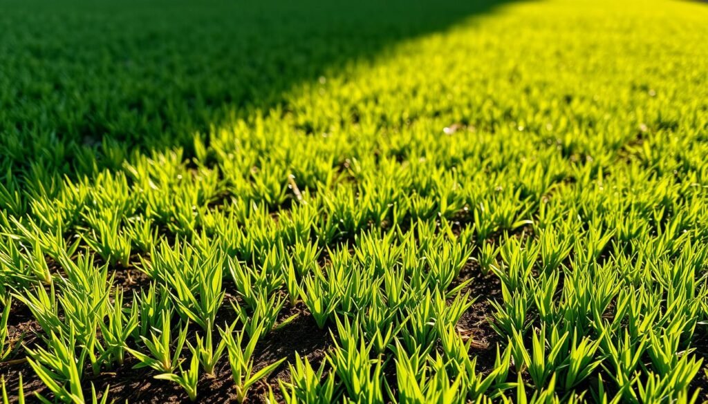 A lush, verdant lawn with distinct stages of growth showcasing the progression from seeded to sodded grass. In the foreground, tender seedlings emerge from the soil, their vibrant green blades gently swaying in a soft breeze. The middle ground features a more mature, dense carpet of grass, its uniform texture and height indicating an established sodded lawn. In the background, a gradient of shades and textures depicts the gradual transition from seeded to sodded sections, creating a visually compelling representation of the different growth stages. The scene is bathed in warm, golden sunlight, casting gentle shadows and highlighting the rich, earthy tones of the soil and the vibrant hues of the grass. The overall composition conveys a sense of natural harmony and the beauty of a thriving, healthy lawn. A lush, verdant lawn with distinct stages of growth showcasing the progression from seeded to sodded grass. In the foreground, tender seedlings emerge from the soil, their vibrant green blades gently swaying in a soft breeze. The middle ground features a more mature, dense carpet of grass, its uniform texture and height indicating an established sodded lawn. In the background, a gradient of shades and textures depicts the gradual transition from seeded to sodded sections, creating a visually compelling representation of the different growth stages. The scene is bathed in warm, golden sunlight, casting gentle shadows and highlighting the rich, earthy tones of the soil and the vibrant hues of the grass. The overall composition conveys a sense of natural harmony and the beauty of a thriving, healthy lawn.