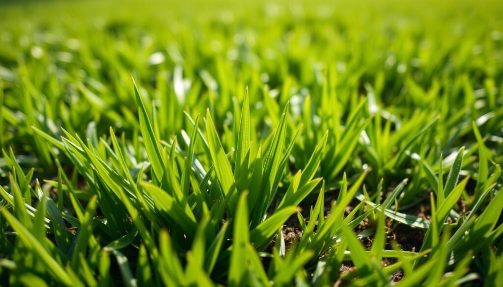 A lush, verdant lawn with emerging grass blades, capturing the early stages of new growth. A close-up view showcases the delicate, vibrant green leaves, their tips just starting to peek through the soil. The lighting is soft and natural, casting gentle shadows that accentuate the textures and contours of the grass. The depth of field is shallow, drawing the viewer's attention to the foreground while the background blurs into a harmonious, out-of-focus greenery. An overall sense of freshness and vitality permeates the scene, inviting the observer to appreciate the subtle signs that signal when a new lawn is ready for its first trim. A lush, verdant lawn with emerging grass blades, capturing the early stages of new growth. A close-up view showcases the delicate, vibrant green leaves, their tips just starting to peek through the soil. The lighting is soft and natural, casting gentle shadows that accentuate the textures and contours of the grass. The depth of field is shallow, drawing the viewer's attention to the foreground while the background blurs into a harmonious, out-of-focus greenery. An overall sense of freshness and vitality permeates the scene, inviting the observer to appreciate the subtle signs that signal when a new lawn is ready for its first trim.