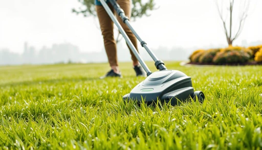 A lush, verdant lawn with glistening dew-kissed blades of grass under a soft, diffused natural light. In the foreground, a person in casual attire carefully maneuvering a modern electric lawn mower, their movements deliberate and focused. The mower's sleek design and quiet operation reflect the best practices for mowing wet grass, minimizing compaction and tearing of the delicate turf. In the middle ground, neatly trimmed grass edges and a well-maintained garden border frame the scene, conveying a sense of meticulous lawn care. The background features a tranquil, overcast sky, hinting at the recent rain that has left the grass damp but not saturated, the ideal conditions for this task. An atmosphere of diligence and environmental stewardship permeates the image, illustrating the proper techniques for mowing wet grass to maintain a healthy, lush lawn.