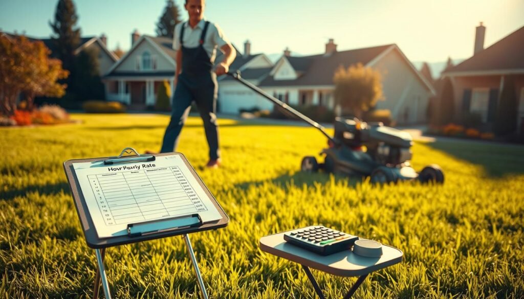A lush, well-manicured lawn with a focus on a professional landscaper pushing a modern, gas-powered lawn mower. The scene is bathed in warm, golden afternoon sunlight, casting long shadows across the grass. In the foreground, a clipboard with a rate sheet and calculator rests on a small folding table, hinting at the hourly pricing considerations. The middle ground features the landscaper, dressed in a crisp uniform, diligently mowing the lawn with a focused expression. In the background, a quaint suburban neighborhood with well-tended homes and a clear blue sky adds to the serene, professional atmosphere. The overall composition conveys the expertise and attention to detail required for setting an appropriate hourly rate for high-quality lawn care services. A lush, well-manicured lawn with a focus on a professional landscaper pushing a modern, gas-powered lawn mower. The scene is bathed in warm, golden afternoon sunlight, casting long shadows across the grass. In the foreground, a clipboard with a rate sheet and calculator rests on a small folding table, hinting at the hourly pricing considerations. The middle ground features the landscaper, dressed in a crisp uniform, diligently mowing the lawn with a focused expression. In the background, a quaint suburban neighborhood with well-tended homes and a clear blue sky adds to the serene, professional atmosphere. The overall composition conveys the expertise and attention to detail required for setting an appropriate hourly rate for high-quality lawn care services.