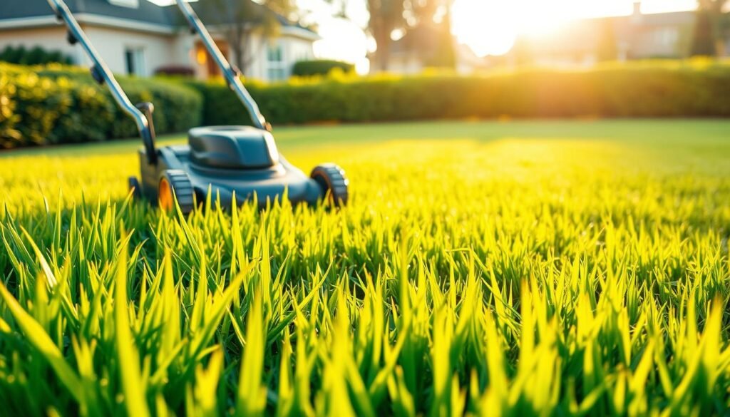 A lush, well-manicured lawn with vibrant green grass, freshly mowed and ready for weed and feed application. In the foreground, a close-up of the crisp, even grass blades, their tips gently swaying in a warm, golden evening light. In the middle ground, a push mower with shiny chrome details, its blades creating a striped pattern across the lawn. In the background, a picturesque suburban scene with neatly trimmed hedges and a few shade trees, creating a serene and inviting atmosphere. The overall scene conveys the benefits of mowing before weed and feed - a clean, unified surface that will allow for effective and efficient application of the lawn treatment.