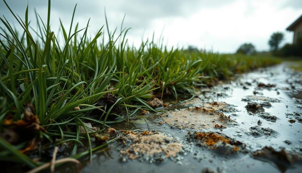 A lush, wet lawn under an overcast sky, the ground dotted with patches of fungal growth and discolored blades. Moist soil glistens, cradling the roots of struggling grass. In the foreground, a close-up view reveals the telltale signs of lawn diseases - mildew, rust, and other moisture-loving pathogens. The scene is illuminated by soft, diffused natural lighting, creating an eerily beautiful yet unsettling atmosphere. The composition emphasizes the connection between wet conditions and the spread of lawn diseases, a cautionary tale for homeowners considering mowing in damp weather. A lush, wet lawn under an overcast sky, the ground dotted with patches of fungal growth and discolored blades. Moist soil glistens, cradling the roots of struggling grass. In the foreground, a close-up view reveals the telltale signs of lawn diseases - mildew, rust, and other moisture-loving pathogens. The scene is illuminated by soft, diffused natural lighting, creating an eerily beautiful yet unsettling atmosphere. The composition emphasizes the connection between wet conditions and the spread of lawn diseases, a cautionary tale for homeowners considering mowing in damp weather.