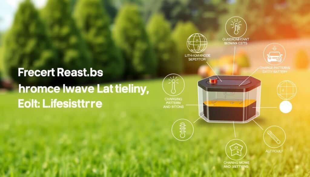 A meticulously designed, high-resolution image depicting the key factors influencing a mower battery's lifespan. In the foreground, a detailed cross-section of a lithium-ion battery showcases its internal components - the anode, cathode, electrolyte, and separator. Surrounding this, a series of abstract icons and infographic elements illustrate the various environmental, usage, and maintenance factors that contribute to battery longevity, such as temperature, charging patterns, and storage conditions. The background features a softly blurred landscape of a well-manicured lawn, hinting at the real-world application of the mower and its power source. The overall aesthetic is clean, technical, and visually engaging, designed to educate and inform the reader about the complexities of battery lifespan. A meticulously designed, high-resolution image depicting the key factors influencing a mower battery's lifespan. In the foreground, a detailed cross-section of a lithium-ion battery showcases its internal components - the anode, cathode, electrolyte, and separator. Surrounding this, a series of abstract icons and infographic elements illustrate the various environmental, usage, and maintenance factors that contribute to battery longevity, such as temperature, charging patterns, and storage conditions. The background features a softly blurred landscape of a well-manicured lawn, hinting at the real-world application of the mower and its power source. The overall aesthetic is clean, technical, and visually engaging, designed to educate and inform the reader about the complexities of battery lifespan.