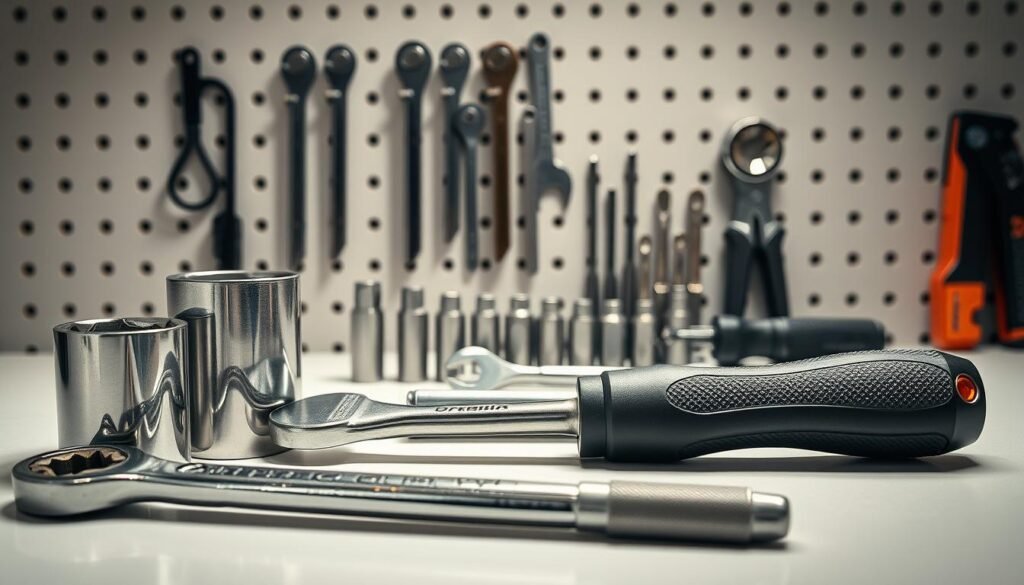 A neatly organized set of professional-grade lawn mower blade removal tools arranged on a clean, well-lit workbench. In the foreground, a sturdy steel socket wrench, a box-end wrench, and a specialized blade removal tool with a comfortable rubber grip. In the middle ground, a selection of various sized metric hex keys and a torque wrench. The background features a pegboard with hanging hooks, giving the scene an organized, workshop-like atmosphere. The lighting is bright and directional, casting subtle shadows that emphasize the tools' forms and textures. The overall mood is one of precision, safety, and efficiency - exactly what's needed for the delicate task of properly removing a lawn mower blade. A neatly organized set of professional-grade lawn mower blade removal tools arranged on a clean, well-lit workbench. In the foreground, a sturdy steel socket wrench, a box-end wrench, and a specialized blade removal tool with a comfortable rubber grip. In the middle ground, a selection of various sized metric hex keys and a torque wrench. The background features a pegboard with hanging hooks, giving the scene an organized, workshop-like atmosphere. The lighting is bright and directional, casting subtle shadows that emphasize the tools' forms and textures. The overall mood is one of precision, safety, and efficiency - exactly what's needed for the delicate task of properly removing a lawn mower blade.