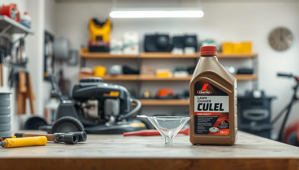 A neatly organized workbench with an array of tools and a lawn mower engine in the foreground. In the middle ground, a bottle of high-quality lawn mower oil and a funnel. The background features a well-lit, clean garage space with shelves of automotive supplies. The lighting is soft and diffused, creating an atmosphere of focused, meticulous maintenance. The composition emphasizes the importance of proper oil change procedures to ensure the reliable performance and longevity of the lawn mower engine.
