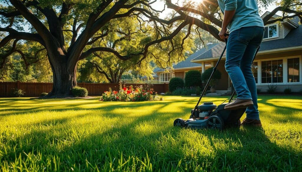 A peaceful mowing routine unfolds in a sun-dappled suburban yard. In the foreground, a person diligently guides a push mower, the blades cutting through lush, emerald grass. Warm light filters through towering oak trees, casting long shadows that dance across the lawn. In the middle ground, a well-tended garden bursts with colorful blooms, their petals swaying gently in a light breeze. In the background, a cozy home stands, its windows glinting, as if welcoming the serene outdoor activity. The atmosphere exudes a sense of tranquility and mindfulness, inviting the viewer to embrace the simple pleasures of lawn maintenance. A peaceful mowing routine unfolds in a sun-dappled suburban yard. In the foreground, a person diligently guides a push mower, the blades cutting through lush, emerald grass. Warm light filters through towering oak trees, casting long shadows that dance across the lawn. In the middle ground, a well-tended garden bursts with colorful blooms, their petals swaying gently in a light breeze. In the background, a cozy home stands, its windows glinting, as if welcoming the serene outdoor activity. The atmosphere exudes a sense of tranquility and mindfulness, inviting the viewer to embrace the simple pleasures of lawn maintenance.