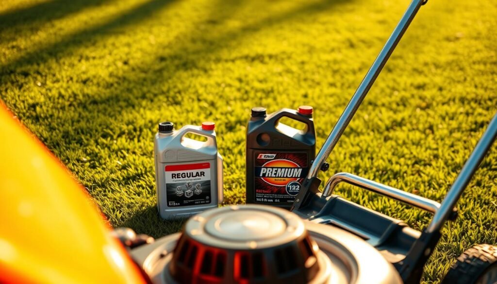 A pristine lawn mower stands in the foreground, its gleaming chrome and polished surfaces reflecting the warm sunlight. In the middle ground, two fuel cans, one labeled "Regular" and the other "Premium," are placed side by side, inviting comparison. The background features a lush, well-manicured lawn, hinting at the potential performance differences between the two fuel types. The scene is captured with a sharp, high-resolution lens, creating a sense of depth and clarity. The overall mood is one of thoughtful consideration, encouraging the viewer to ponder the merits of using premium fuel in a lawn mower. A pristine lawn mower stands in the foreground, its gleaming chrome and polished surfaces reflecting the warm sunlight. In the middle ground, two fuel cans, one labeled "Regular" and the other "Premium," are placed side by side, inviting comparison. The background features a lush, well-manicured lawn, hinting at the potential performance differences between the two fuel types. The scene is captured with a sharp, high-resolution lens, creating a sense of depth and clarity. The overall mood is one of thoughtful consideration, encouraging the viewer to ponder the merits of using premium fuel in a lawn mower.