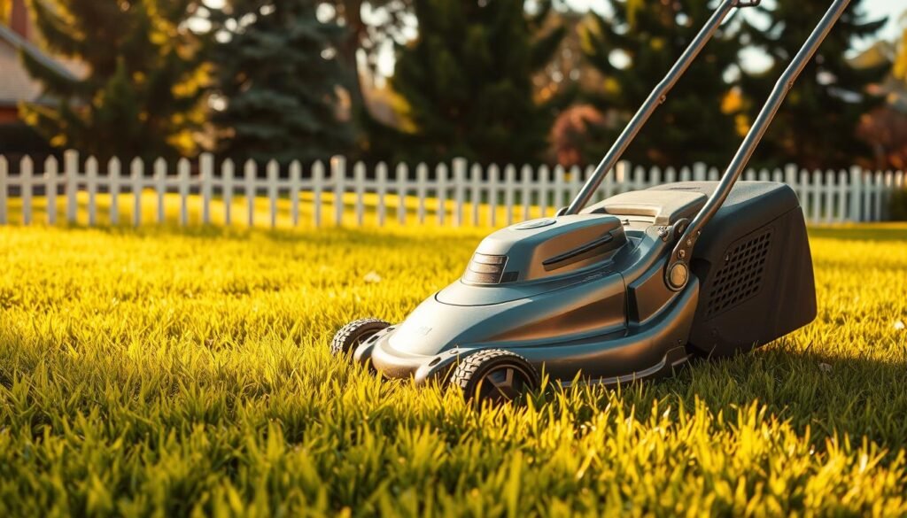 A residential lawn mower in a well-manicured backyard, its metallic body glistening in the warm, golden sunlight. The grass is a lush, verdant carpet, meticulously trimmed to an even height. In the background, a picket fence and a row of tall, swaying trees create a peaceful, suburban setting. The mower's blades spin effortlessly, leaving behind a neatly striped pattern on the lawn. The scene conveys a sense of tranquility and the satisfaction of a job well done, reflecting the long, reliable lifespan of a trusty residential lawn mower. A residential lawn mower in a well-manicured backyard, its metallic body glistening in the warm, golden sunlight. The grass is a lush, verdant carpet, meticulously trimmed to an even height. In the background, a picket fence and a row of tall, swaying trees create a peaceful, suburban setting. The mower's blades spin effortlessly, leaving behind a neatly striped pattern on the lawn. The scene conveys a sense of tranquility and the satisfaction of a job well done, reflecting the long, reliable lifespan of a trusty residential lawn mower.