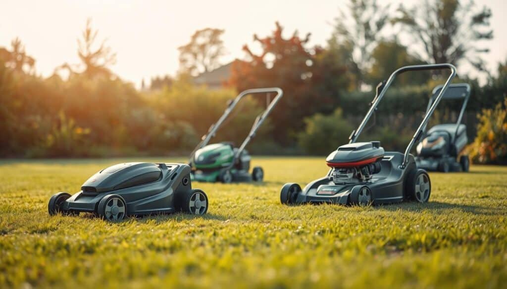 A sprawling outdoor scene featuring an assortment of alternative fuel lawn mower options. In the foreground, a sleek electric mower with gleaming chrome accents stands prominently, its battery pack visible. Behind it, a hybrid mower blends gasoline and solar power, its solar panels catching the warm afternoon sunlight. In the distance, a hydrogen-powered mower hums quietly, its fuel cell technology powering its silent operation. The lush green lawn and vibrant foliage create a serene, eco-friendly atmosphere, lit by soft, diffused natural lighting that enhances the modern, sustainable aesthetic. The scene conveys a vision of the future of lawn care, where traditional gas-powered mowers have given way to a diverse array of innovative, environmentally-conscious alternatives. A sprawling outdoor scene featuring an assortment of alternative fuel lawn mower options. In the foreground, a sleek electric mower with gleaming chrome accents stands prominently, its battery pack visible. Behind it, a hybrid mower blends gasoline and solar power, its solar panels catching the warm afternoon sunlight. In the distance, a hydrogen-powered mower hums quietly, its fuel cell technology powering its silent operation. The lush green lawn and vibrant foliage create a serene, eco-friendly atmosphere, lit by soft, diffused natural lighting that enhances the modern, sustainable aesthetic. The scene conveys a vision of the future of lawn care, where traditional gas-powered mowers have given way to a diverse array of innovative, environmentally-conscious alternatives.