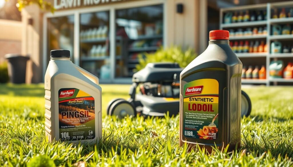 A sun-dappled outdoor scene showcasing the various factors that influence the cost of lawn mower oil. In the foreground, an open bottle of high-quality synthetic oil rests on a freshly mowed lawn, its label prominently displayed. In the middle ground, a lawn mower stands ready, its engine glistening with a fresh coat of oil. In the background, a hardware store facade is visible, with shelves stocked with a variety of oil types and brands. Soft shadows and warm lighting create a pleasant, inviting atmosphere, highlighting the importance of choosing the right oil for your lawn mower's needs and budget. A sun-dappled outdoor scene showcasing the various factors that influence the cost of lawn mower oil. In the foreground, an open bottle of high-quality synthetic oil rests on a freshly mowed lawn, its label prominently displayed. In the middle ground, a lawn mower stands ready, its engine glistening with a fresh coat of oil. In the background, a hardware store facade is visible, with shelves stocked with a variety of oil types and brands. Soft shadows and warm lighting create a pleasant, inviting atmosphere, highlighting the importance of choosing the right oil for your lawn mower's needs and budget.