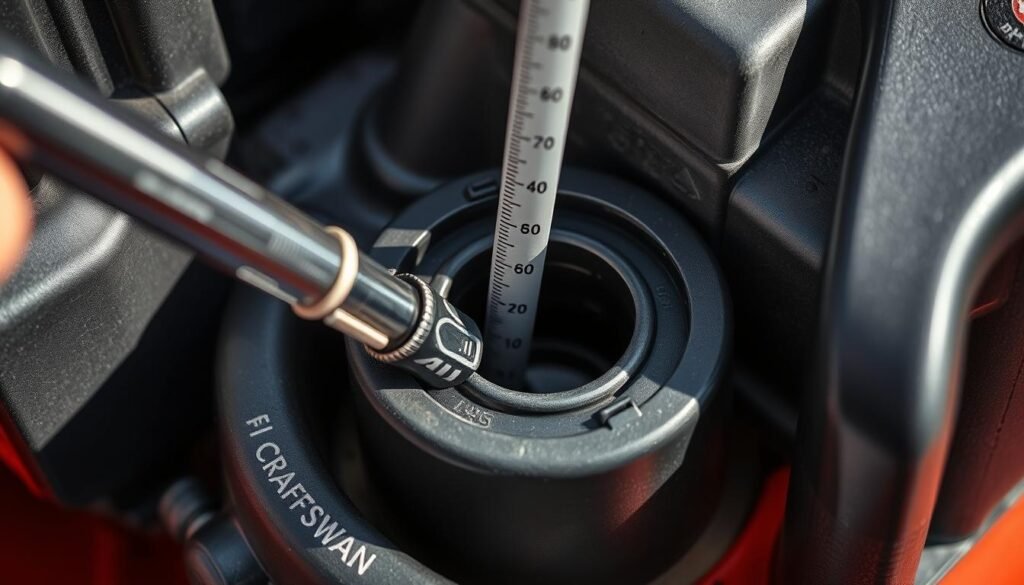 A well-lit, close-up photograph of an engine oil dipstick being inserted into an open engine oil fill port on a Craftsman lawn mower. The dipstick has markings indicating the minimum and maximum oil levels. The surrounding area shows the metal engine components and the plastic housing of the lawn mower, creating a detailed, technical composition. The lighting is bright and directional, casting shadows that highlight the textures and contours of the engine parts. The depth of field is shallow, keeping the dipstick and oil fill port in sharp focus while softening the background. The overall mood is one of precision and functionality, conveying the importance of proper engine oil maintenance for a Craftsman lawn mower. A well-lit, close-up photograph of an engine oil dipstick being inserted into an open engine oil fill port on a Craftsman lawn mower. The dipstick has markings indicating the minimum and maximum oil levels. The surrounding area shows the metal engine components and the plastic housing of the lawn mower, creating a detailed, technical composition. The lighting is bright and directional, casting shadows that highlight the textures and contours of the engine parts. The depth of field is shallow, keeping the dipstick and oil fill port in sharp focus while softening the background. The overall mood is one of precision and functionality, conveying the importance of proper engine oil maintenance for a Craftsman lawn mower.