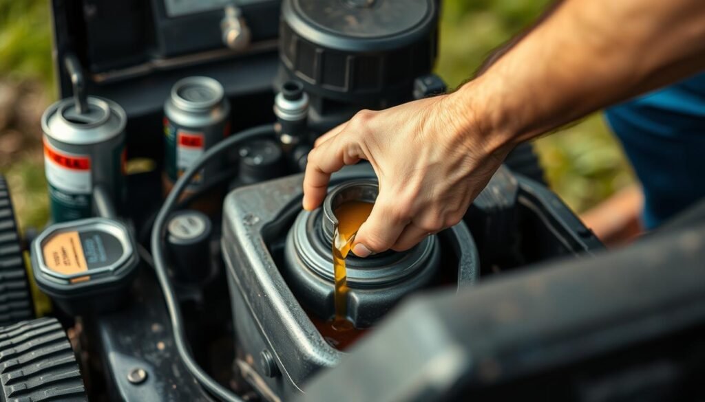 A well-lit, close-up view of a person's hands carefully changing the oil in a lawn mower engine. The foreground shows the open engine compartment, with oil filters, cans, and tools neatly arranged. The middle ground features the person's hands deftly unscrewing the oil plug and draining the used oil into a container. The background subtly blurs to emphasize the focused task, conveying a sense of diligent maintenance. The lighting is soft and natural, accentuating the textures of the engine components and the person's hands. The overall mood is one of attentiveness and care, reflecting the importance of proper lawn mower oil upkeep. A well-lit, close-up view of a person's hands carefully changing the oil in a lawn mower engine. The foreground shows the open engine compartment, with oil filters, cans, and tools neatly arranged. The middle ground features the person's hands deftly unscrewing the oil plug and draining the used oil into a container. The background subtly blurs to emphasize the focused task, conveying a sense of diligent maintenance. The lighting is soft and natural, accentuating the textures of the engine components and the person's hands. The overall mood is one of attentiveness and care, reflecting the importance of proper lawn mower oil upkeep.