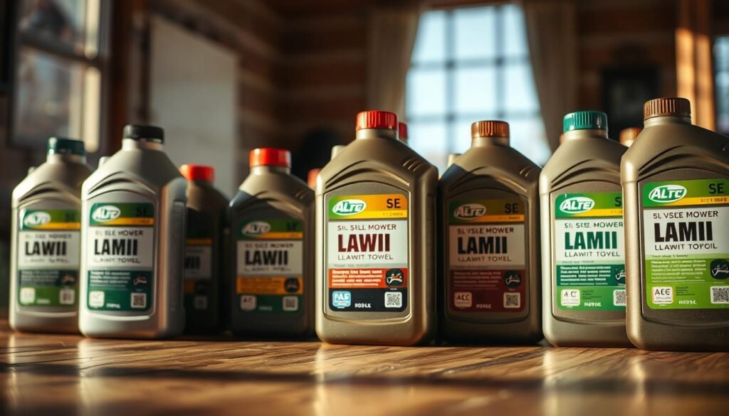 A well-lit, detailed close-up shot of various types of lawn mower oil bottles arranged neatly on a clean, wooden surface. The bottles have clear labels showcasing their SAE viscosity and intended uses. The foreground highlights the textural details of the bottles, caps, and labeling. The middle ground features the arrangement and positioning of the bottles, creating a harmonious, visually appealing composition. The background is slightly blurred, maintaining focus on the product selection. Warm, natural lighting casts subtle shadows, adding depth and a sense of depth of field. The overall mood is informative, educational, and geared towards helping the viewer understand the importance of selecting the right lawn mower oil. A well-lit, detailed close-up shot of various types of lawn mower oil bottles arranged neatly on a clean, wooden surface. The bottles have clear labels showcasing their SAE viscosity and intended uses. The foreground highlights the textural details of the bottles, caps, and labeling. The middle ground features the arrangement and positioning of the bottles, creating a harmonious, visually appealing composition. The background is slightly blurred, maintaining focus on the product selection. Warm, natural lighting casts subtle shadows, adding depth and a sense of depth of field. The overall mood is informative, educational, and geared towards helping the viewer understand the importance of selecting the right lawn mower oil.