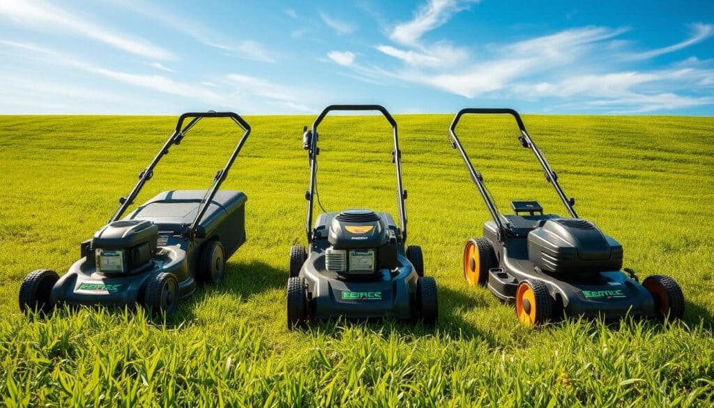 A well-lit, detailed comparison of three popular lawn mower models, showcased on a grassy field. The foreground features the models side-by-side, their features and specifications clearly visible. The middle ground includes a lush, verdant lawn with meticulously trimmed grass, inviting the viewer to imagine the mowers in action. In the background, a serene, sunlit sky with wispy clouds completes the idyllic outdoor setting. The overall mood is one of thoughtful consideration, with the models presented in a clean, informative manner to assist the viewer in making an informed decision. A well-lit, detailed comparison of three popular lawn mower models, showcased on a grassy field. The foreground features the models side-by-side, their features and specifications clearly visible. The middle ground includes a lush, verdant lawn with meticulously trimmed grass, inviting the viewer to imagine the mowers in action. In the background, a serene, sunlit sky with wispy clouds completes the idyllic outdoor setting. The overall mood is one of thoughtful consideration, with the models presented in a clean, informative manner to assist the viewer in making an informed decision.
