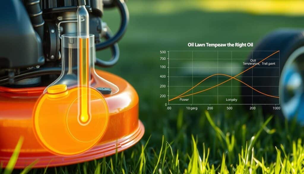 A well-lit, detailed diagram showcasing the relationship between lawn mower oil temperature and engine performance. The foreground features a cross-section of a lawn mower engine, meticulously illustrating the oil flow path and temperature sensors. The middle ground displays a line graph plotting oil temperature against engine power output, efficiency, and longevity. The background subtly suggests a grassy, outdoor setting, emphasizing the real-world application of this information. Rendered with a technical, yet aesthetically pleasing style, this image aims to educate and inform readers about the importance of using the right oil for optimal lawn mower performance.