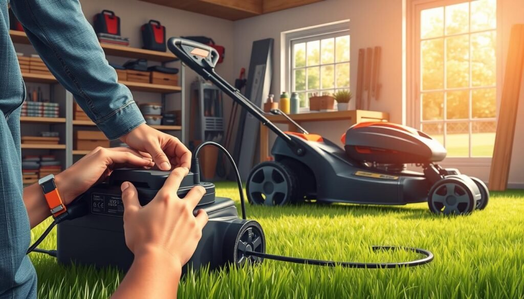 A well-lit, detailed illustration showcasing smart battery charging practices for a lawnmower. In the foreground, a person carefully connects the mower's battery to a high-efficiency charger, their hands demonstrating the proper technique. In the middle ground, the mower itself stands prominently, its sleek design and clean lines hinting at optimal performance. The background features a neatly organized workshop, complete with shelves of tools and a window overlooking a well-tended lawn, conveying a sense of order and diligence. The overall scene radiates a calm, professional atmosphere, emphasizing the importance of attentive battery maintenance for reliable mower operation. A well-lit, detailed illustration showcasing smart battery charging practices for a lawnmower. In the foreground, a person carefully connects the mower's battery to a high-efficiency charger, their hands demonstrating the proper technique. In the middle ground, the mower itself stands prominently, its sleek design and clean lines hinting at optimal performance. The background features a neatly organized workshop, complete with shelves of tools and a window overlooking a well-tended lawn, conveying a sense of order and diligence. The overall scene radiates a calm, professional atmosphere, emphasizing the importance of attentive battery maintenance for reliable mower operation.