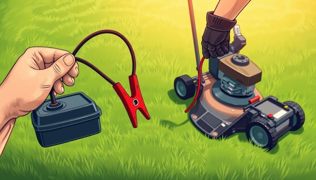 A well-lit, detailed illustration showcasing the essential safety precautions for jump-starting a lawn mower. In the foreground, a hand holding the positive jumper cable is connected to the lawn mower's battery, with the other end attached to the positive terminal of the car battery. In the middle ground, a person wearing safety goggles and gloves is holding the negative jumper cable, ready to connect it to the car's negative terminal. The background depicts a neatly mowed lawn, with the lawn mower positioned prominently. The overall scene conveys a sense of caution and attention to detail, ensuring a safe jump-start procedure.