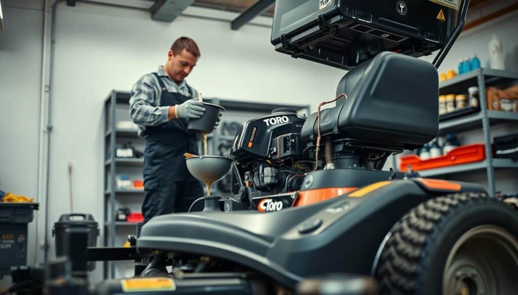 A well-lit garage interior with a Toro lawn mower positioned in the foreground. The mower is elevated on a hydraulic lift, exposing the engine compartment. In the mid-ground, a mechanic wearing coveralls and protective gloves is carefully draining the used oil into a collection pan. The background features neatly organized shelves stocked with lawn mower maintenance supplies and tools. The scene conveys a sense of methodical and informed care, with the focus on the step-by-step oil changing process for a Toro mower.