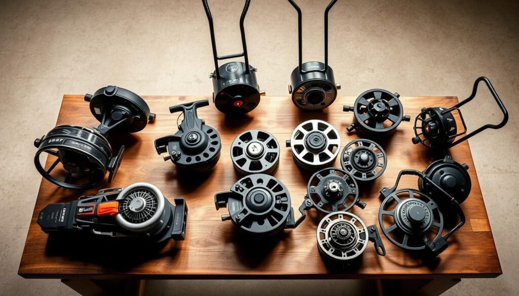 A well-lit, high-angle shot of a carefully curated display of various reel lawn mowers arranged on a wooden table. The mowers are positioned to showcase their mechanical components and design features, inviting the viewer to closely examine and compare the different models. The lighting emphasizes the sleek, polished surfaces and the intricate gears and blades of the mowers, creating a sense of precision and quality craftsmanship. The background is a neutral, clean space, allowing the mowers to take center stage and be the focal point of the image. The overall composition and attention to detail convey a sense of professionalism and expertise, making this the perfect visual representation of a "Buyer's Guide to a Reel Mower". A well-lit, high-angle shot of a carefully curated display of various reel lawn mowers arranged on a wooden table. The mowers are positioned to showcase their mechanical components and design features, inviting the viewer to closely examine and compare the different models. The lighting emphasizes the sleek, polished surfaces and the intricate gears and blades of the mowers, creating a sense of precision and quality craftsmanship. The background is a neutral, clean space, allowing the mowers to take center stage and be the focal point of the image. The overall composition and attention to detail convey a sense of professionalism and expertise, making this the perfect visual representation of a "Buyer's Guide to a Reel Mower".