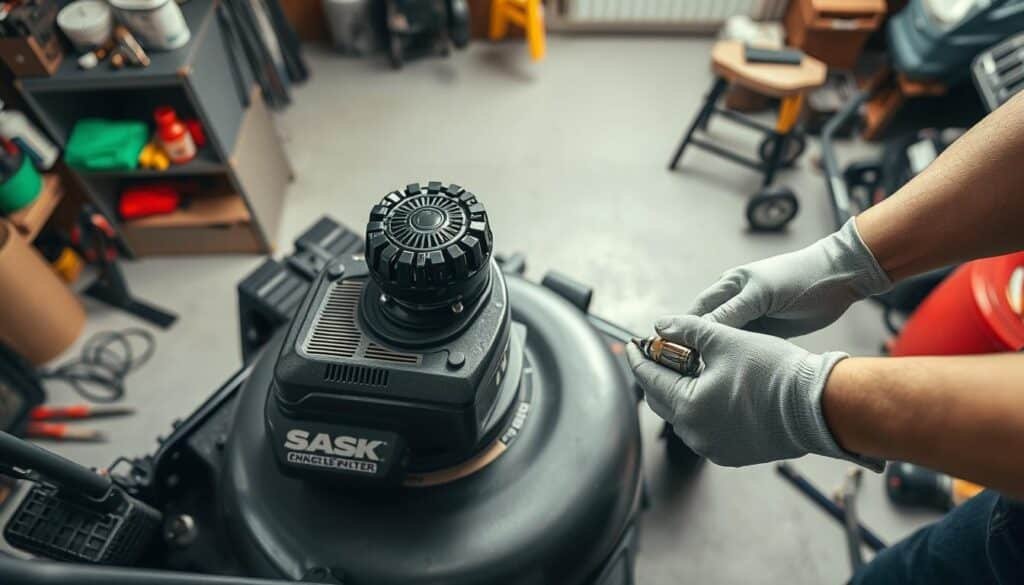A well-lit, high-angle view of a lawn mower undergoing maintenance. The mower is positioned on a clean, organized workbench, with various tools and supplies neatly arranged around it. The foreground shows the mower's engine and deck, with the blade and air filter exposed for inspection. In the middle ground, a pair of gloved hands are performing a tuneup, checking the spark plug and oil level. The background features a tidy garage or workshop space, with shelves of additional equipment and supplies visible. The scene conveys a sense of diligence and care, reflecting the importance of proper lawn mower maintenance. A well-lit, high-angle view of a lawn mower undergoing maintenance. The mower is positioned on a clean, organized workbench, with various tools and supplies neatly arranged around it. The foreground shows the mower's engine and deck, with the blade and air filter exposed for inspection. In the middle ground, a pair of gloved hands are performing a tuneup, checking the spark plug and oil level. The background features a tidy garage or workshop space, with shelves of additional equipment and supplies visible. The scene conveys a sense of diligence and care, reflecting the importance of proper lawn mower maintenance.