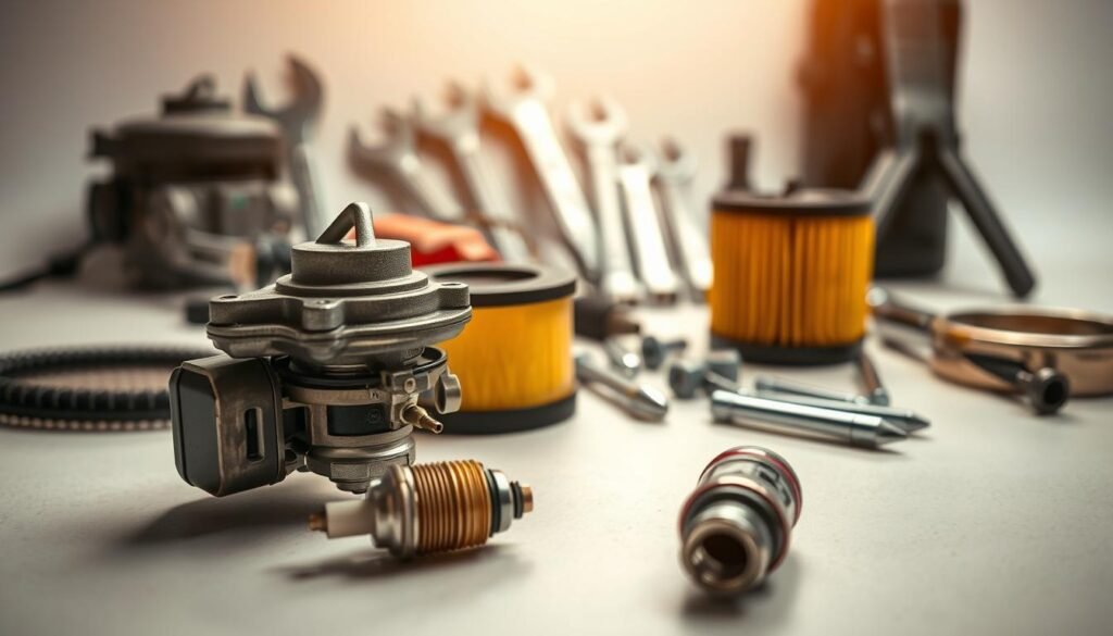 A well-lit, high-resolution close-up photograph of various lawn mower maintenance components arranged neatly on a clean, light-colored surface. The foreground features a carburetor, spark plug, air filter, and oil filter, all positioned to showcase their intricate designs and functions. The middle ground includes a set of wrenches, screwdrivers, and other tools typically used for lawn mower repairs and upkeep. The background subtly fades into a soft, out-of-focus setting, creating a professional, technical-manual-style atmosphere. The lighting is warm and natural, accentuating the textures and details of the components. A well-lit, high-resolution close-up photograph of various lawn mower maintenance components arranged neatly on a clean, light-colored surface. The foreground features a carburetor, spark plug, air filter, and oil filter, all positioned to showcase their intricate designs and functions. The middle ground includes a set of wrenches, screwdrivers, and other tools typically used for lawn mower repairs and upkeep. The background subtly fades into a soft, out-of-focus setting, creating a professional, technical-manual-style atmosphere. The lighting is warm and natural, accentuating the textures and details of the components.