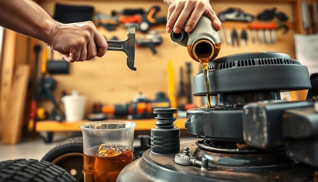 A well-lit, high-resolution photograph of a step-by-step lawn mower oil change process. In the foreground, a mechanic's hands using a wrench to remove the oil drain plug, allowing used oil to drain from the mower's crankcase into a container. In the middle ground, the mechanic pours fresh oil into the mower's fill tube, carefully monitoring the level. In the background, various lawn mower maintenance tools are neatly arranged on a workbench, suggesting a professional, organized workshop setting. The lighting is warm and natural, creating a clean, informative atmosphere to illustrate the oil change procedure. A well-lit, high-resolution photograph of a step-by-step lawn mower oil change process. In the foreground, a mechanic's hands using a wrench to remove the oil drain plug, allowing used oil to drain from the mower's crankcase into a container. In the middle ground, the mechanic pours fresh oil into the mower's fill tube, carefully monitoring the level. In the background, various lawn mower maintenance tools are neatly arranged on a workbench, suggesting a professional, organized workshop setting. The lighting is warm and natural, creating a clean, informative atmosphere to illustrate the oil change procedure.